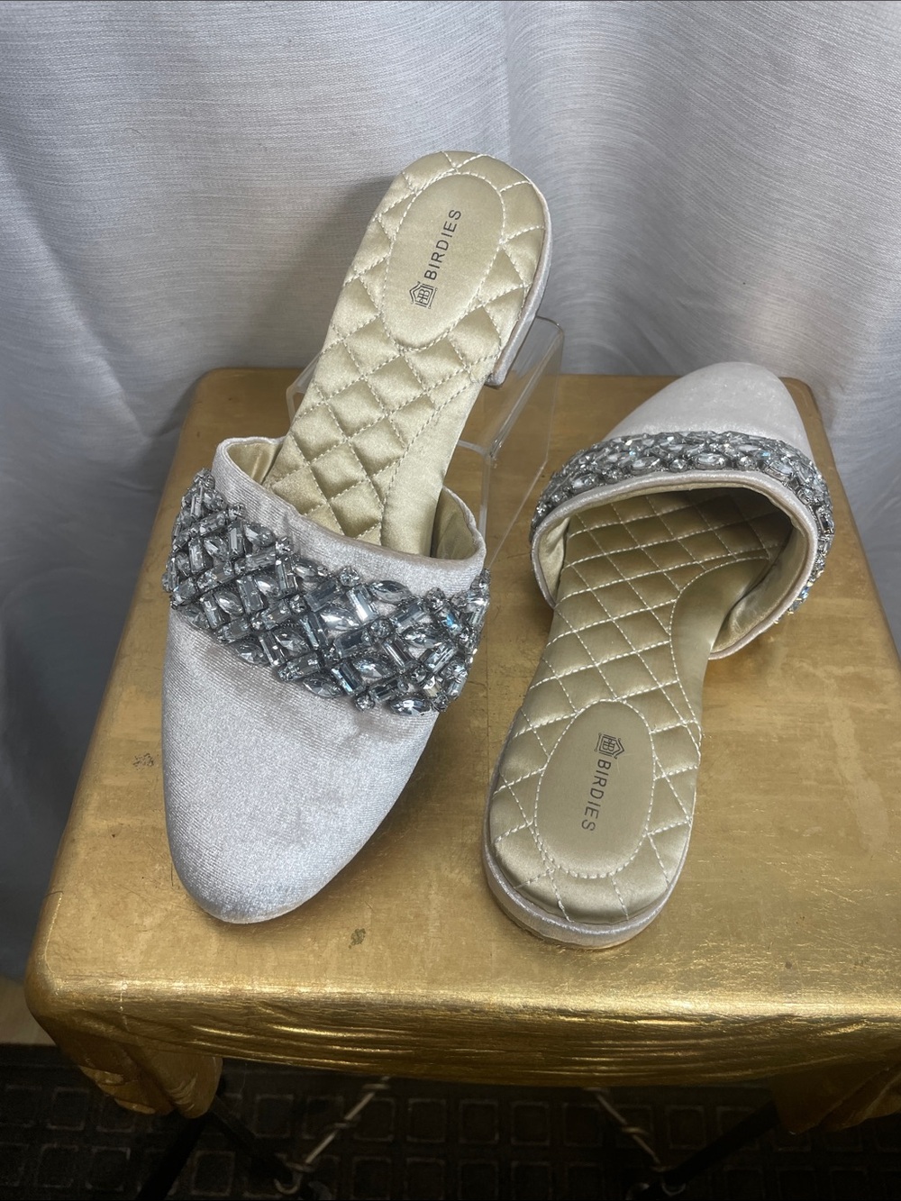 Birdies Champagne Velvet Jeweled Slip-On Mules